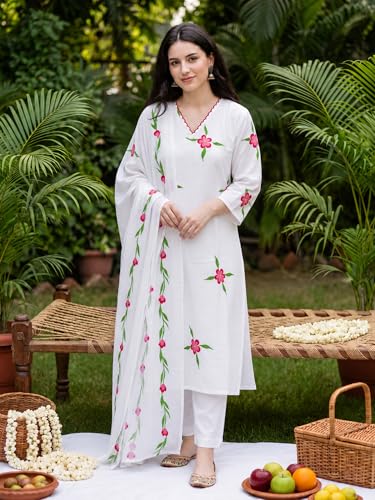 Image of INDO ERA Women's Pure Cotton Floral Printed Thread Work Kurta & Pant with Dupatta Set | Cotton Kurta Set For Woman