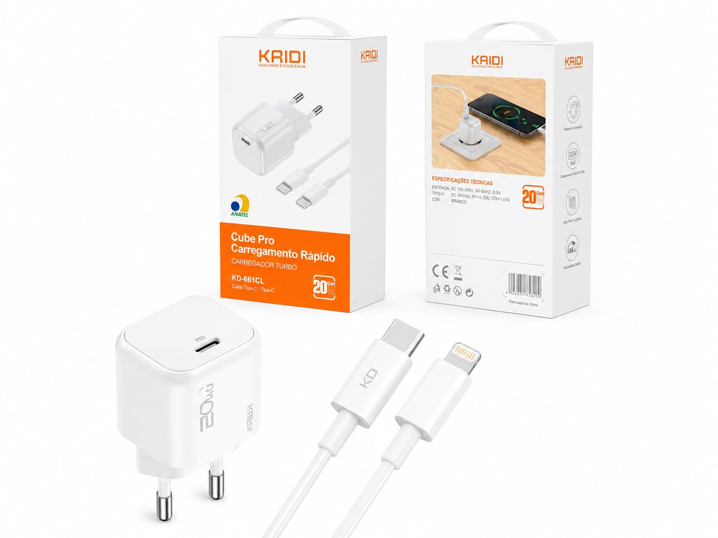 Carregador Turbo 20W GaN Fonte e Cabo USB-C para Lightning Kaidi