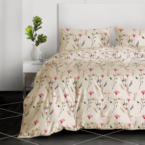 Image of RAYBedding 3PCS Duvet Set 100% Egyptian Cotton Double Bed Set 400 Thread Count Floral Printed Blossom Pink Duvet Cover with Pillow Cases 2 Pack