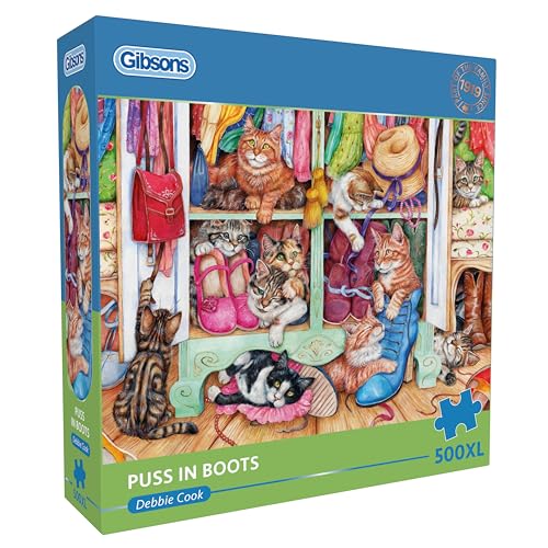 Gibsons Puss in Boots 500XL Jigsaw Puzzle for Adults – Extra‑Large Easy‑Handling Pieces – Cute Cats in Shoe Cupboard Artwork by Debbie Cook – Feline Lovers Gift – Premium Sustainable UK/EU Made