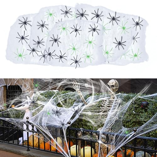 GWAWG 100 g teias de aranha decoração de Halloween, decoração de teia de aranha com 40 peças aranhas falsas, teia de aranha elástica, tecido de aranha de Halloween, tecido de aranha branco para