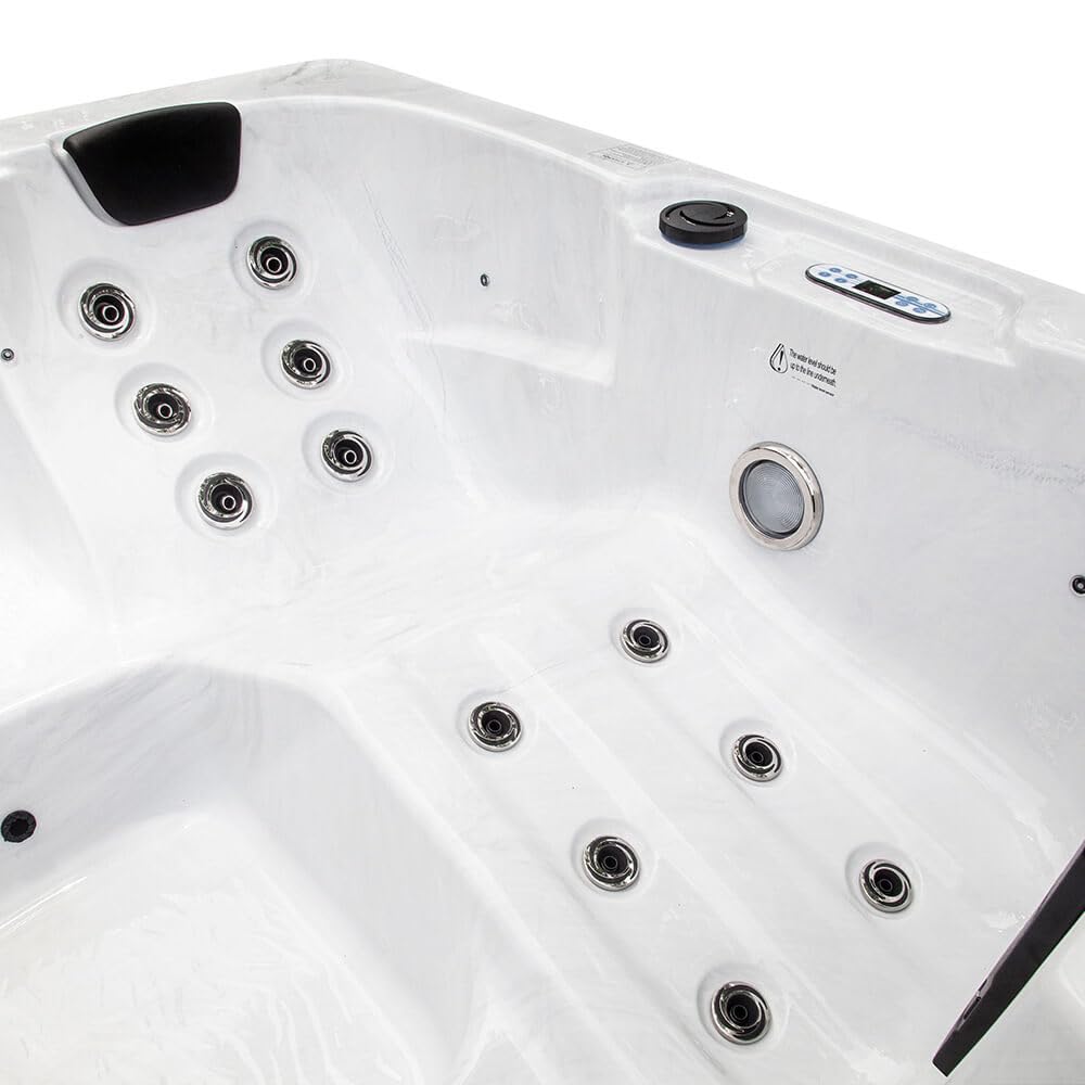 Home Deluxe - Outdoor Whirlpool - White Marble Plus Treppe und Thermoabdeckung - Maße 210 x 160 x 85 cm - Inkl. Heizung, 27 Massagedüsen und 9 Lichtquellen I Außen Whirlpool Spa für 3 Personen