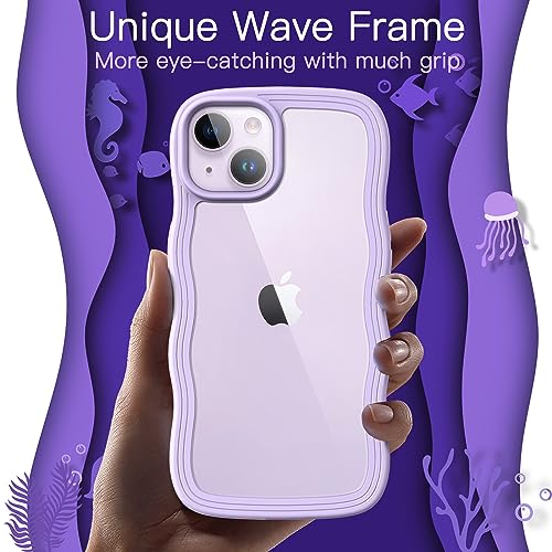 JETech iPhone 14 6.1インチ用 かわいい ケース 波状フレーム うねうね 耐衝撃 スマホカバー 女性用 女子向け クリア ハードPCバック (パープル)