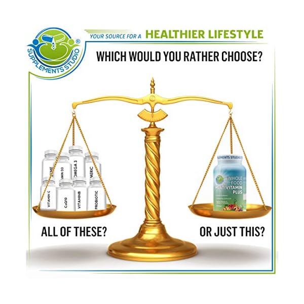 Supplements-Studio-Daily-Vegan-Whole-Food-Multivitamin-Plus-for-Men-Women-with-Iron-Organic-Fruits-and-Vegetables-B-Complex-Probiotics-Enzymes-CoQ10-Omegas-Turmeric-All-Natural-Non-GMO Vegan Whole Food Multivitamin with Iron, Daily Multivitamin for Women and Men, Made with Fruits & Vegetables, B-Complex, Probiotics, Enzymes, CoQ10, Omegas, Turmeric, Non-GMO, 90 Count