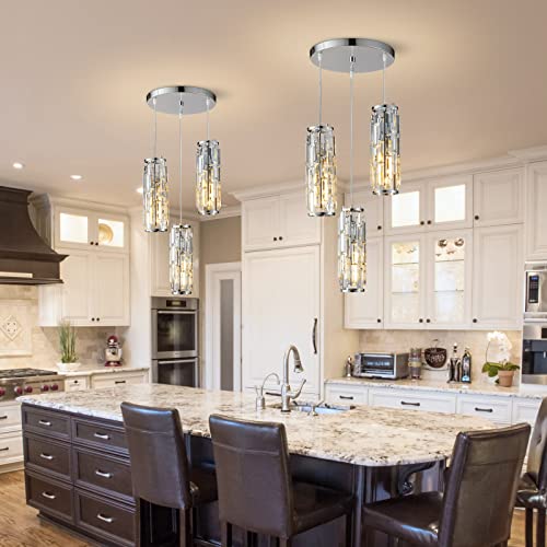Image of LMQNINE 3 Light Chrome Pendant Lighting Modern Pendant Light, Mini Crystal Chandeliers,Adjustable Pendant Light Fixture for Kitchen Island Dinning Room Bedroom (Chrome 3-Light)