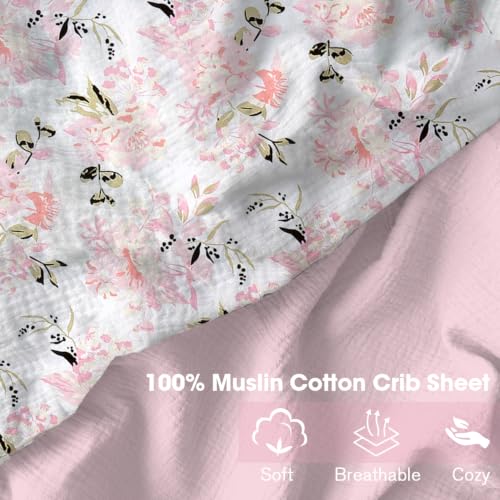 Image of Little Grape Land Muslin Crib Sheets Fitted for Girls 2 Pack, 100% Cotton Baby Bed Sheets Soft Breathable, Neutral Fitted Baby Mattress Sheets for Standard Crib, Floral