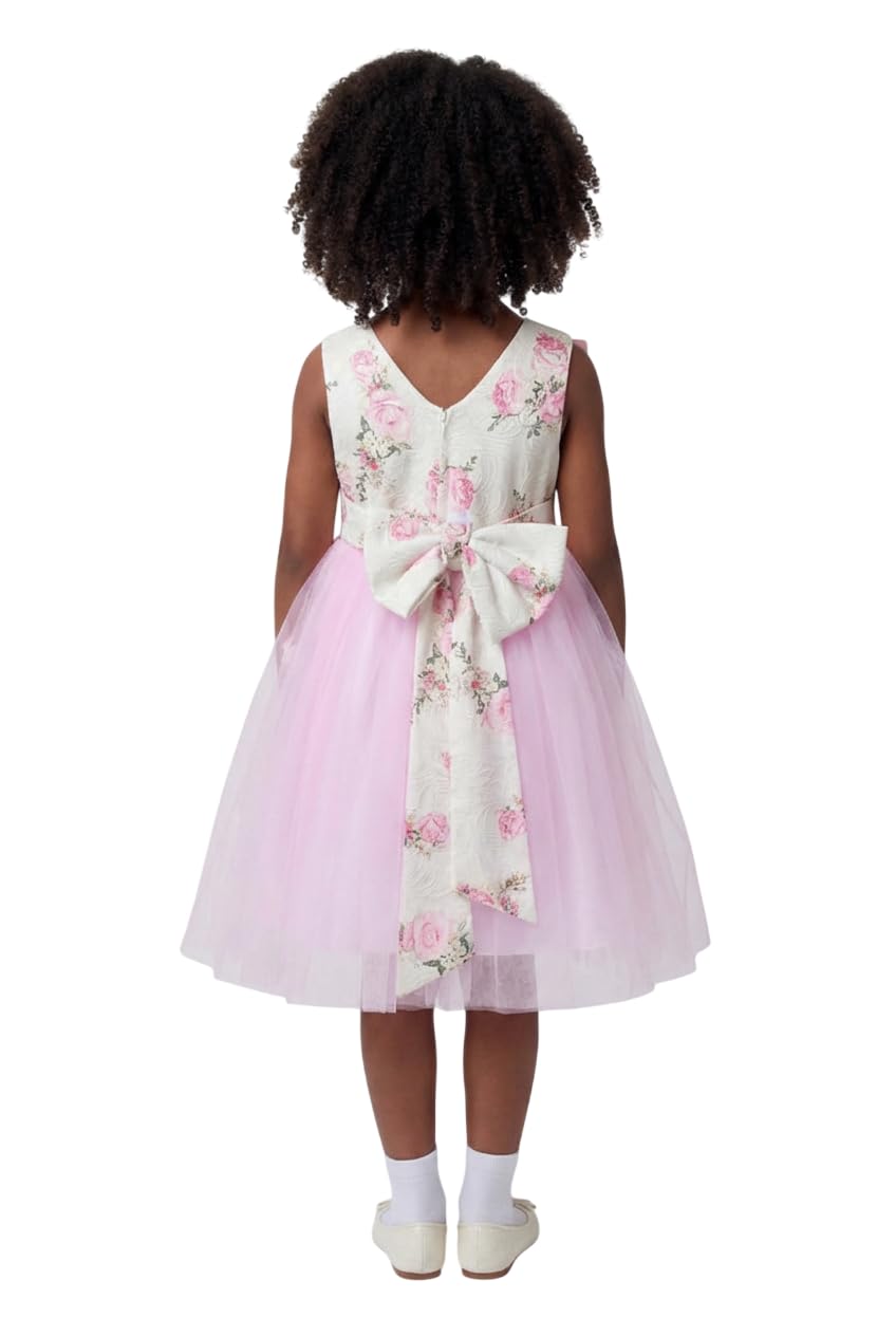 SIRRI Abito da Cerimonia Rosa in Tulle Floreale per Bambina con Dettagli a Petali e Fiocco sul Retro.