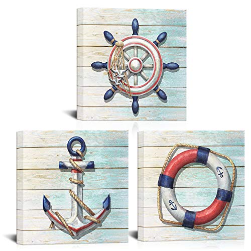 LoveHouse Rustic Nautical Wall Art Anchor Boat Painting Artwork Helm Drawing Pictures Prints Life buoy Decorations for Bathroom