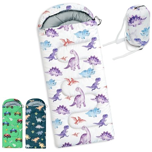 tuphen Kids Sleeping Bag - Camping Sleeping Bags for Kids Boys Girls - Sleeping Bag for Backpacking Hiking Cold Warm Weather 3 Seasons Compact Camping Essentials Gear Accessories (Purple Dinosaur)