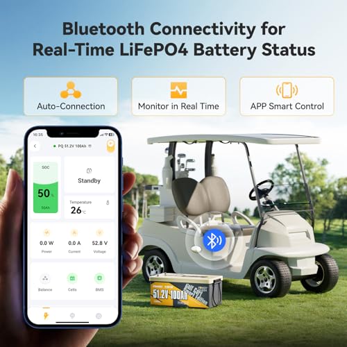 Image of Power Queen LiFePO4 Battery 48V 100Ah Lithium Golf Cart Battery, Lithium Battery with Bluetooth 5.0, Built-in 200A Smart BMS with Low-temp Protection for 5kW Motor Golf Carts Club Car DS E-Z-Go TXT