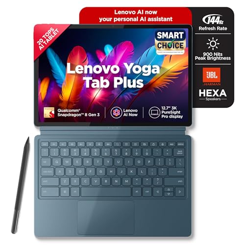 Lenovo Yoga Tab Plus Smartchoice AI Tablet with Pen + Keyboard |12.7' Display, 3K Resolution, 144 Hz|16GB RAM, 512GB ROM|Snapdragon 8 Gen 3|10200 mAh|6 Speakers|USB 3.0 with DP-Out|1Year ADP Free|Teal