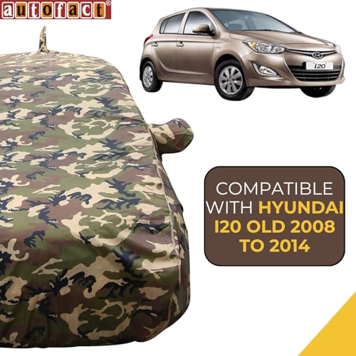 Image of Autofact 100% Waterproof Car Body Cover Compatible with Hyundai I20 Old Model (2008 to 2014), with Mirror and Antenna Pockets,4x4 American Matty, Long Lasting Material, Camouflage Army Look