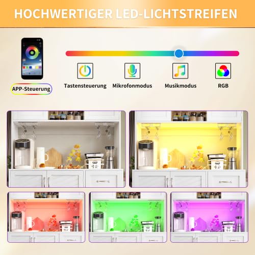 vutizal Szafka bufetowa z oświetleniem LED – 4 drzwi, 2 szuflady, regał na przekąski i szafka kuchenna z płyty MDF, 120 x 40 x 188 cm, biała konstrukcja z blatem roboczym