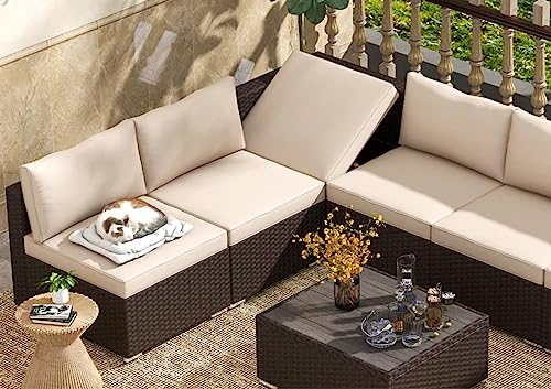 Image of DEVOKO Outdoor 3 Piece Sectional Wicker Patio Recliner Sofa Furniture All-Weather HDPE Rattan Conversation Set with Table for Garden, Poolside (Dark Brown and Cream)