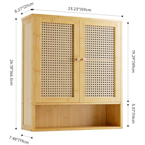 vovala Mueble de Pared para baño, Organizador de Almacenamiento de bambú sobre el Inodoro con 2 Puertas de ratán y Estante Ajustable, botiquín de Ahorro de Espacio para lavandería, Cocina (Natural) - imagen 3