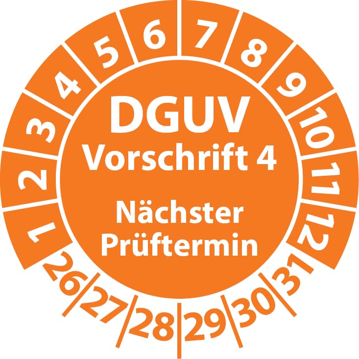 Prüfplakette DGUV Vorschrift 4 Nächster Prüftermin, selbstklebend, Prüfaufkleber, Prüfetikett, Plakette DGUV V4 (30 mm Ø, Orange, 500)