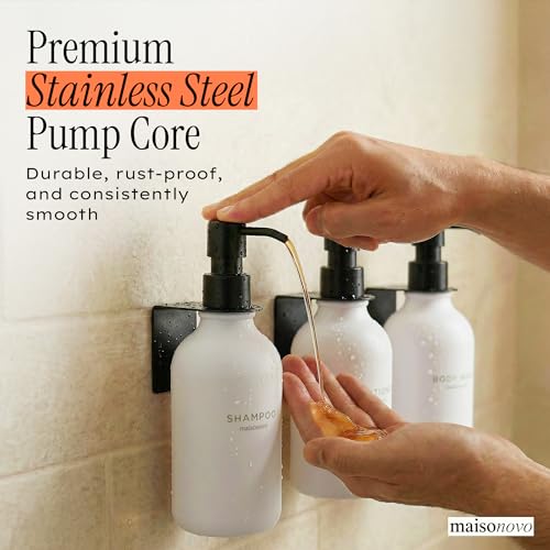 Image of Shampoo and Conditioner Dispenser Wall Mounted Set of 3 White Black - No Drill Shower Soap Dispenser for Bathroom Refillable - Spa Hotel Style Accessories by MaisoNovo
