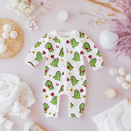 Image of Kidbea Organic Cotton Full Sleeves Romper | Animal & Dino Print Sleepwear (Orange & Olive, 12-18 Months)