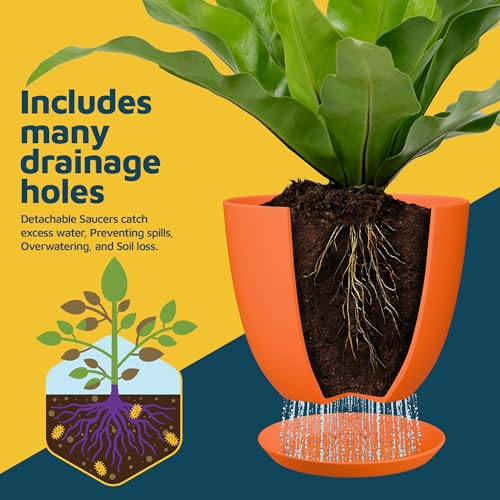 Yellow Plant Pots with Drainage Holes & Saucers 5 Pack, Indoor & Outdoor Stackable Space-Saving Planters for Houseplants & Flowers, (7", 6.7", 6", 5.3", and 4.8" Inches), Durable & Weatherproof - Thumbnail 6