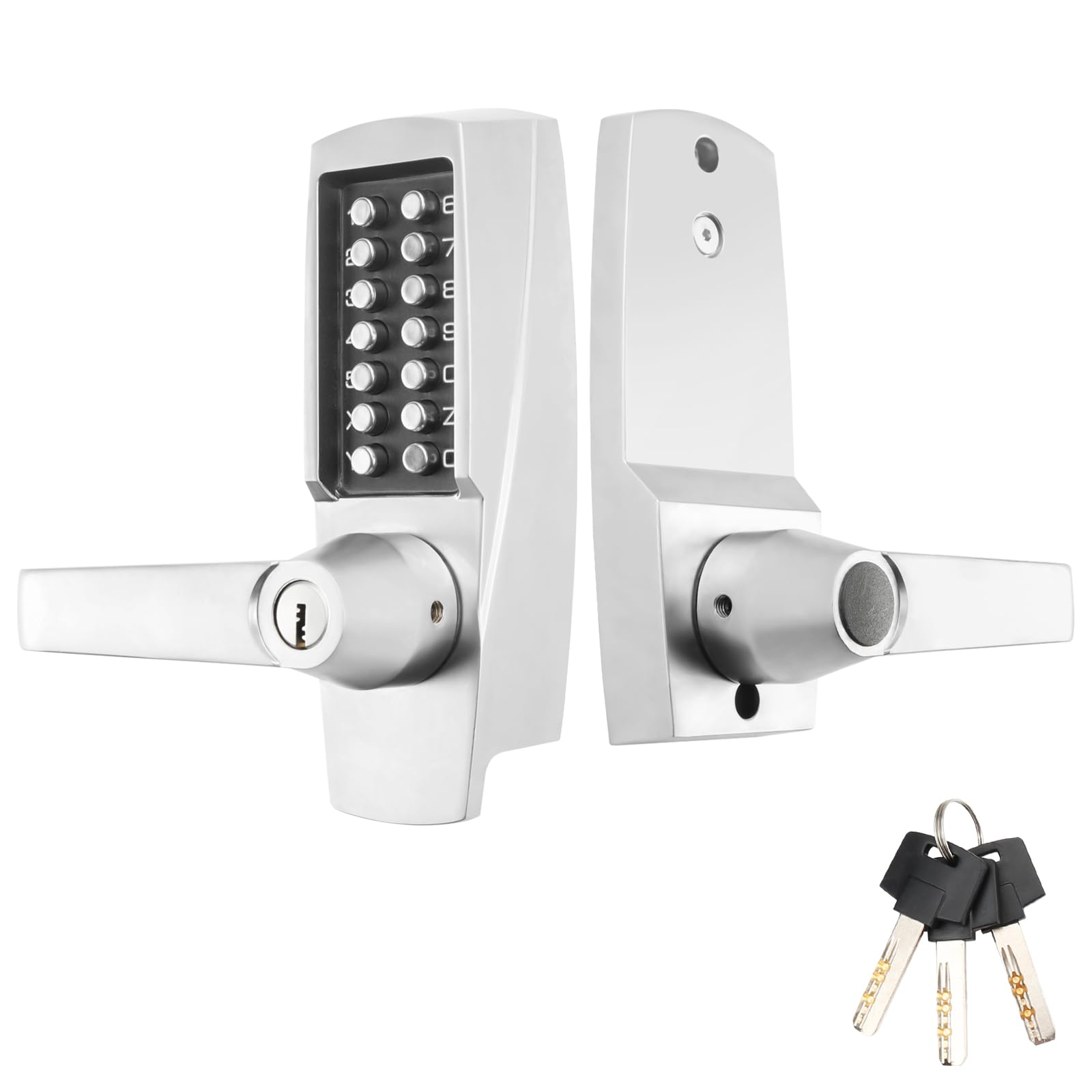 Mechanical Keyless Entry Door Lock with Handle,Front Door Lock Set with Push Button & Keys,Combination Code Door Lever Locks with Keypad,Gate Lock for Outdoor,Warehouse,Fence (Pearl Chrome)