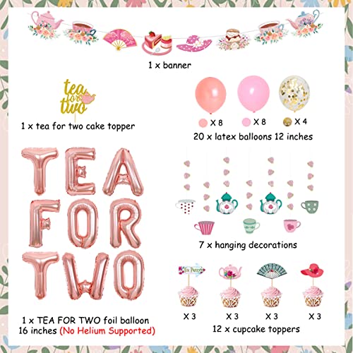 Tea For Two Birthday Party Decorations, Tea For Two Balloons, Cake Topper, Floral Tea Hanging Garland, Teapots Teacups Banner For Girls 2Nd Birthday Party Supplies #TOP4