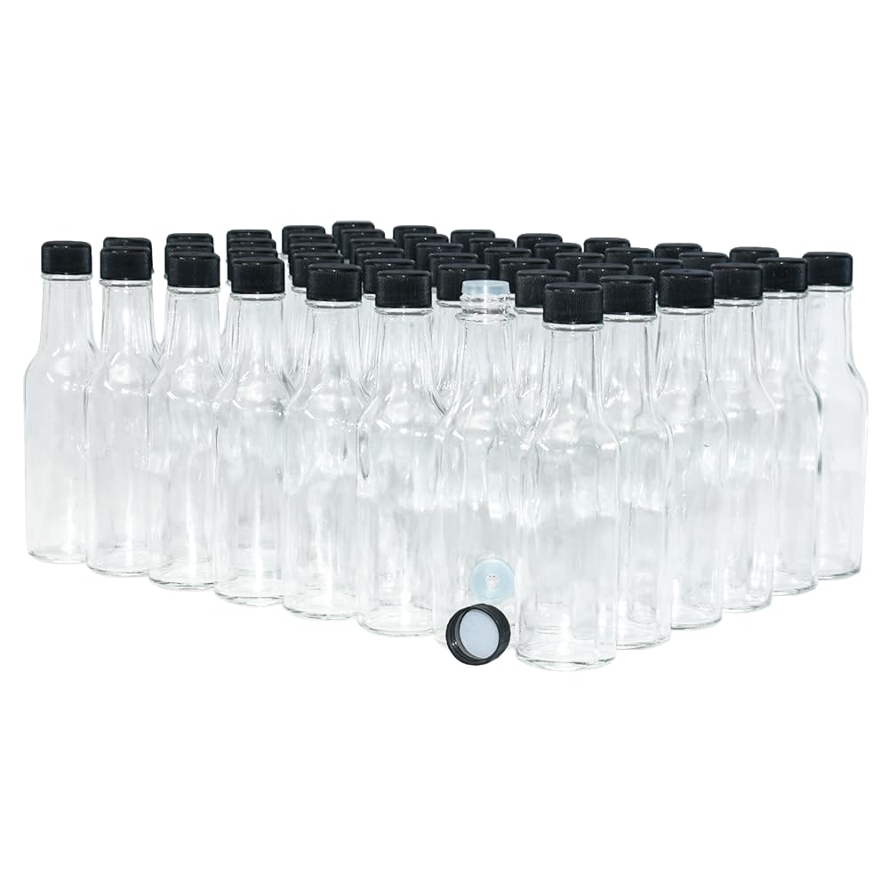 GlassBottleOutlet (Pack of 48) 5 oz. Clear Glass Hot Sauce Bottle (woozy) with Black Cap and Orifice Reducer