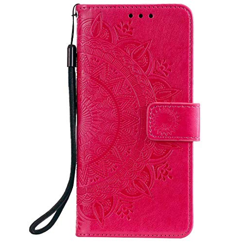 Reevermap Samsung Galaxy J4 Plus Case, Flip Shockproof Premium PU Leather Wallet Card Slots Embossed Mandala Magnetic Buckle Stand Bumper Phone Cover for Samsung Galaxy J4 Plus, Rose Pink