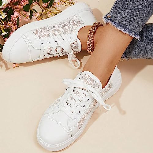 Hbeylia Womens Lace Sneakers Fashion Mesh Low Cut Canvas Shoes Lace Crochet Lace Up Walking Running Tennis Shoes Lightweight Breathable Flat Wedding Shoes Bridal Sneakers2