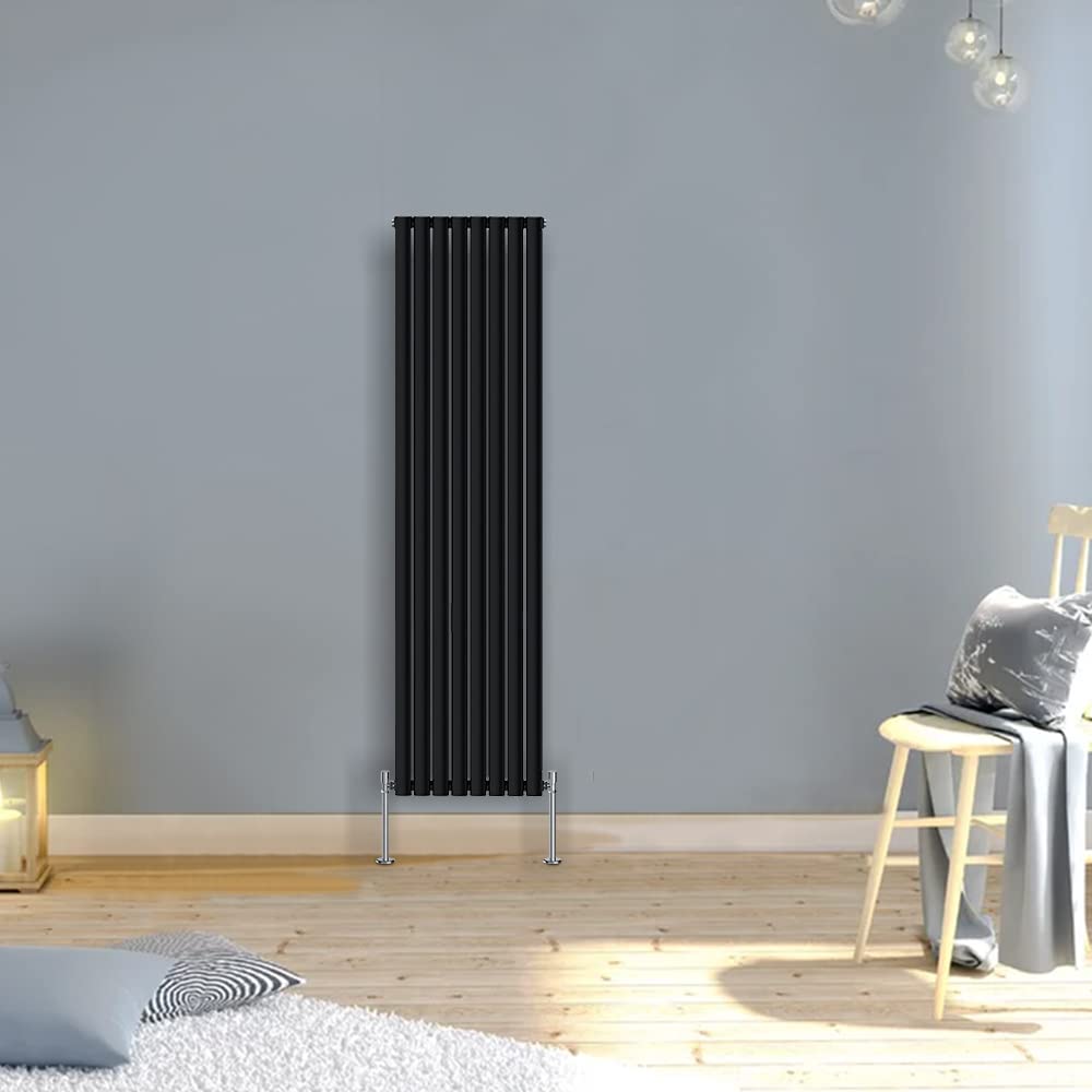 Warmehaus Black Modern Vertical Upright Tall Single Oval Panel Radiator 1600X472mm