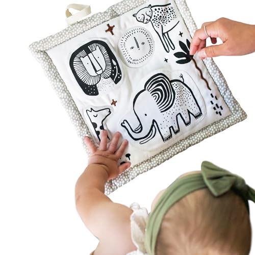 Image of Wee Gallery Safari Activity Pad Organic Baby Play Mat with Sensory Toys, High Contrast Newborn Essentials Soft Tummy Time Mat for Babies 0-12 Months, Visual and Motor Skill Development Toy