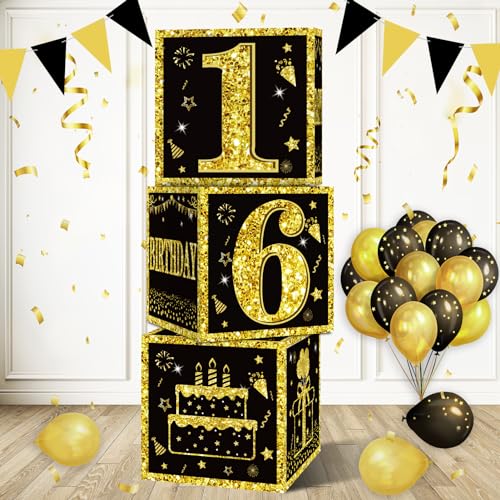 Image of Eiurteao 3pcs 16th Birthday Decorations Boxes for Girls Boys, Black Gold Happy 16 Birthday Balloons Boxes Party Supplies, Sweet 16th Year Old Bday Theme Cardboard Box