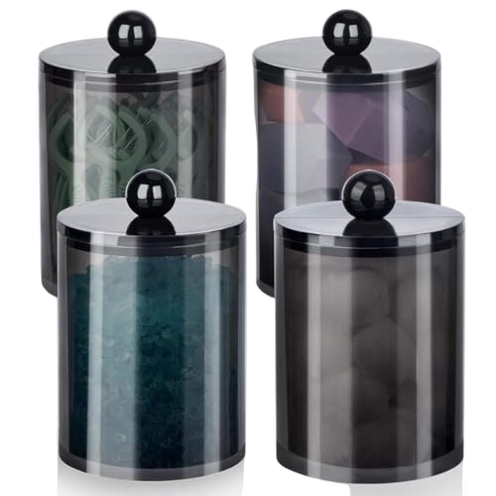 Uanqfegy Qtip Holder Set - 4 Pack Clear Black Apothecary Jars with Lids, Elegant Storage for Cotton Balls Swabs Floss Picks for Vanity Countertop