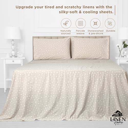 Image of Linen Home Cotton Lyocell Blend Percale Sheet Set Full Size - 4 Piece Deep Pocket Bedding, Pre-Washed & Shrunk, Crisp Cooling Fabric, Fade-Resistant, Hotel Luxury, Wrinkle-Free - Polka Beige