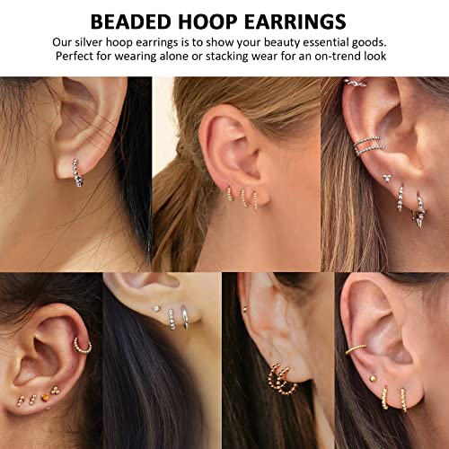 CERSLIMO Silver Hoop Earrings for Women| 3 Pairs Small Sterling Silver Post Beaded Huggie Earrings| Hypoallergenic Tiny Cartilage Sleeper Cuff Jewelry for Men Ladies, 8mm 10mm 12mm3