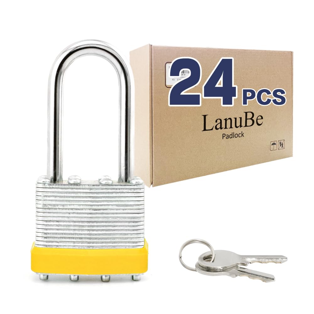 LanuBe Lock Laminated keyed Padlock (1-9/16", 40mm), keyed Alike Locks, Long Shackle,Marked Yellow Plastic Hoop, Pack of 24