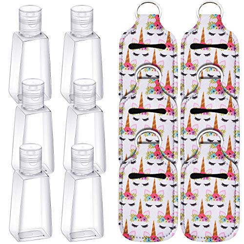 6 Pieces Travel Plastic Bottles Clear Empty Bottle Containers with Reusable Keychain Holders Bottle Key Chain Holders for Travel Outdoor Supplies (Unicorn Design)