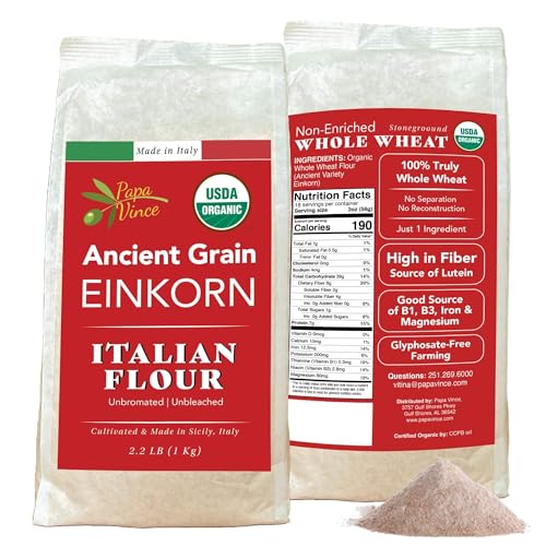 Organic Einkorn Flour – Made in Italy, Organic Ancient Grain, Non-Enriched, Unbleached, Unbromated, High Fiber & Protein, Ancient Whole Wheat Heirloom, 2.2 LB