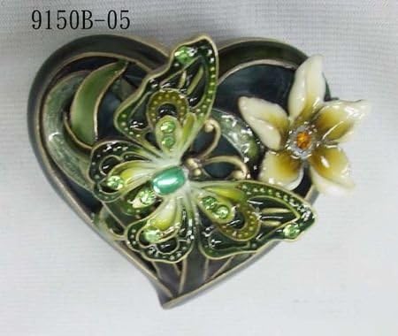 Green Butterfly Heart Shaped Jewelry Trinket Box 1.5in H