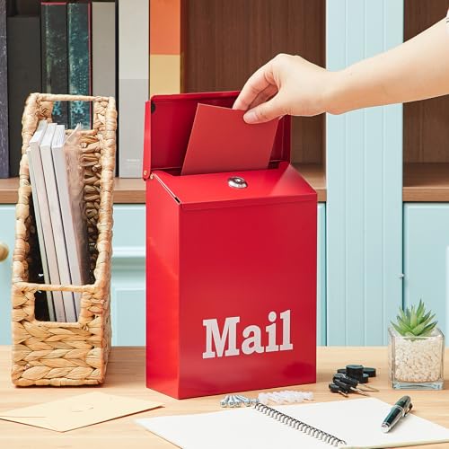 Image of MorningRo 10 x 7 x 3 Inch Small Red Wall Mount Mailbox with Lock Key for Outside Apartment Porch Rust Proof Security Key Drop Box for Letters Newspapers Cards