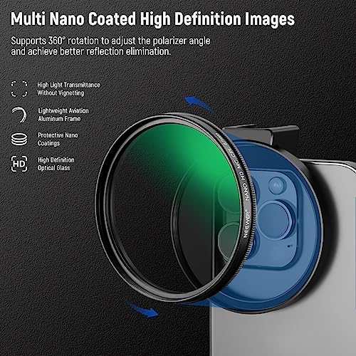 Image of NEEWER CPL Filter for Phone, 67mm Camera Lens Polarizing Filter with Metal Cold Shoe Phone Clip - Compatible with iPhone 14 /13 /12 Pro Max & Samsung Galaxy, FL-27