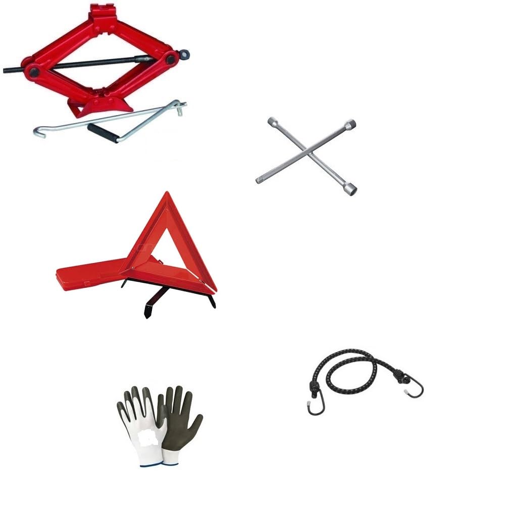 Compatible con Jaguar E-Pace Kit Emergencia Coche Gato DE PANTÓGRAFO con Base DE Acero Y Llave GIRATORIA+Llave EN Cruz para DESTORNILLAR Tornillos+TRIÁNGULO DE Emergencia Fluo