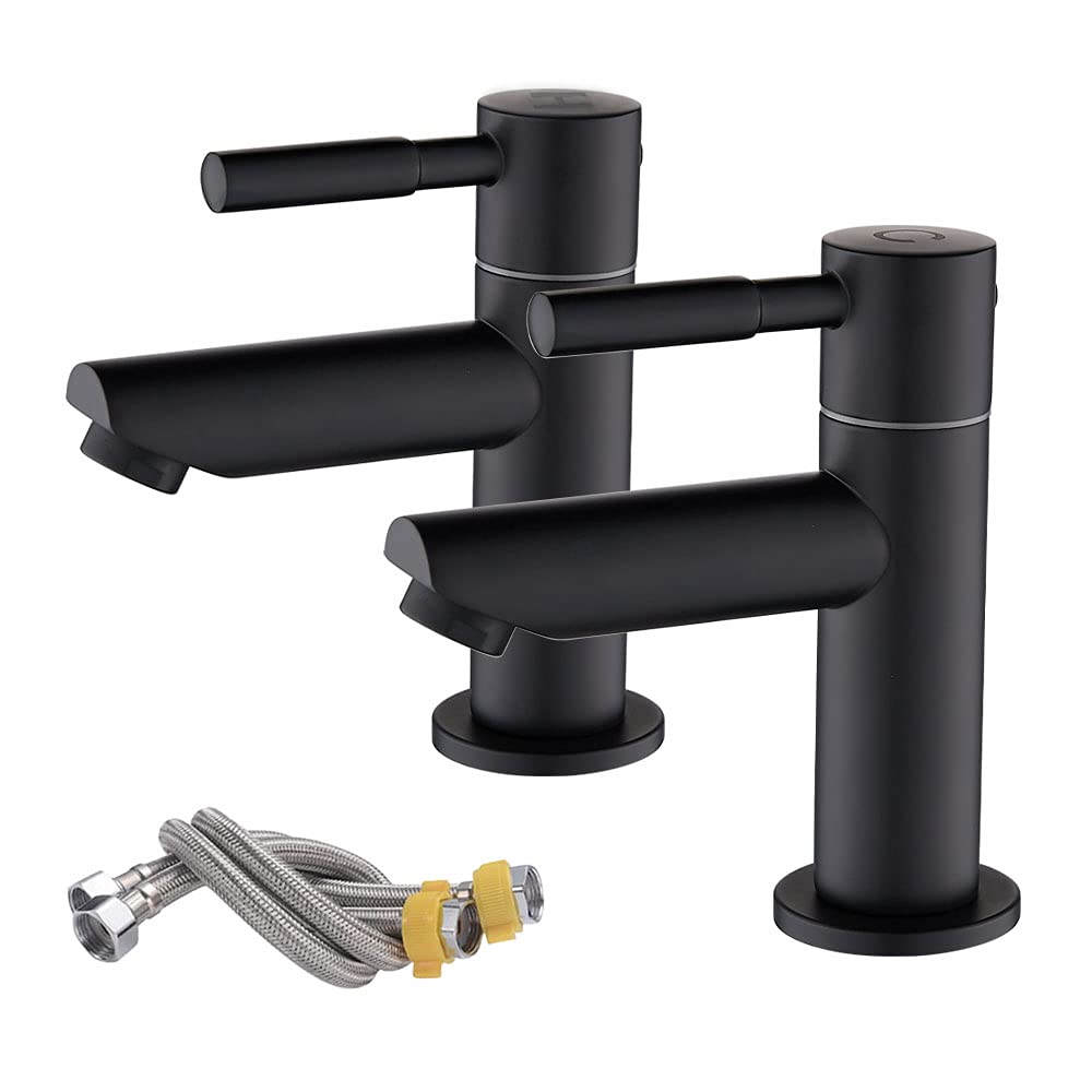 Bathroom Basin Pillar Taps, Pair Basin Sink Mixer Taps, 1/4 Turn Washroom Pair Faucets, Twin Lever Modern Taps Pairs, Include Flexible Hoses, Brass (Matte Black)