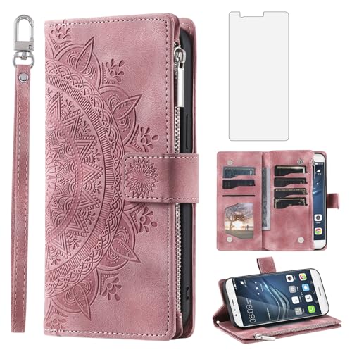 Étui en cuir or rose Huawei P9 Lite 2016 avec gravure mandala fleur et verre blindé