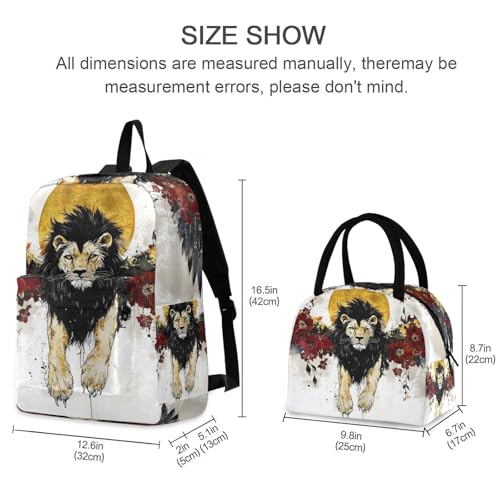 Lion with Wings Print Backpack Set with Lunch Bag, Large Capacity Travel Backpacks and Lunch Box Insulated for Commute Hiking Picnic2