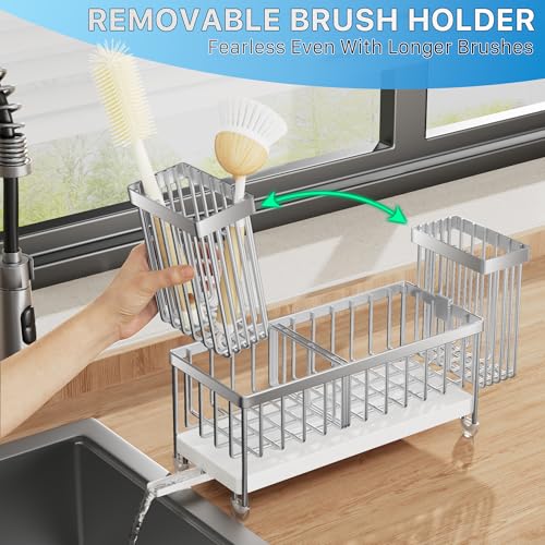 Image of Cisily Sponge Holder for Kitchen Sink, Sink Caddy Organizer with High Brush Holder, Kitchen Countertop Organizers and Storage Essentials, Rustproof 304 Stainless Steel (Silver, 9.25″)
