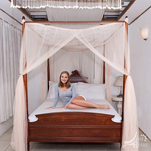 Just Relax Four Corner Post Elegant Mosquito Net Bed Canopy Set, Beige, Full/Queen/King, 86.6x78.7x98.4 Inches - Thumbnail 4