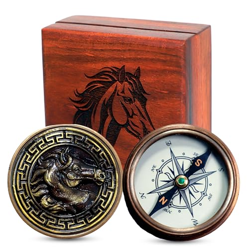 Brújula de 2 pulgadas con caja de madera y grabado de caballo miniatura 1