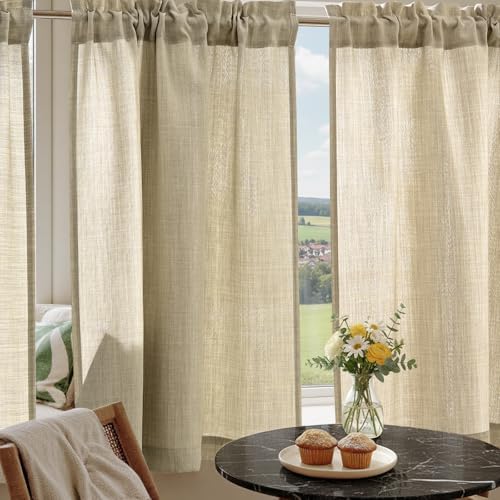 TOPICK Vitrage, bistrogordijn, set van 2 stuks, 60 x 90 cm (h x b), linnenlook, raamgordijn, gordijn, modern, gaas, sjaals, lichtdoorlatend, raamsjaal, keuken, woonkamer, landhuisstijl, wit
