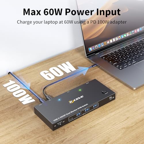 Image of KCEVE KVM Switch 2 Monitors for 1 Laptop 1 Desktop, USB 3.0 KVM Switch 2 Monitor 2 Computer USB C Displayport HDMI, MST,4K@60Hz,PD 100W, Power Adapter, Wired Remote(4K USB C DP HDMI 2 in 2 Out KVM)