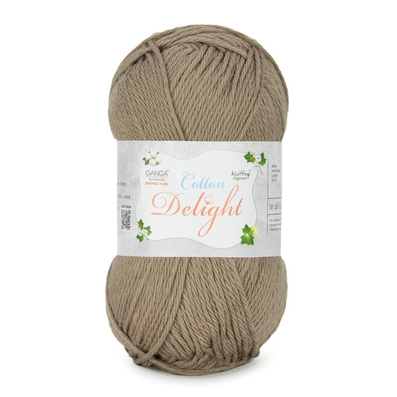 Image of Ganga Acrowools Cotton Delight, Dk Weight Cotton Yarn, Oekotex Class L Certified 100G, 169M, Pack of 1 Ball - 100gm Each, Shade No. - COD103 Taupe